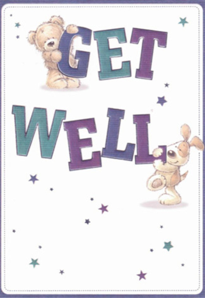 This cheery get well card offers gentle encouragement, brought to life by the illustrations of a friendly bear and an eager puppy, both textured with inviting softness. Around them, playful stars in purples and aquas waltz across the card, casting good wishes much like the buoyant spirit felt along Wembley's bustling Ealing Road. The typography anchors the scene, its large, shaded letters rendered with confidence, reassuring in their cheerfulness. Tactile cues-from the bear's fuzzy coat to the puppy's downy ears-enhance the emotional resonance, evoking the comforting feel of fresh-cut blooms in a bouquet assembled for delivery through Wembley by expert hands. Sending this card, perhaps paired with a vibrant vase of local flowers, becomes an uplifting gesture-a blend of positivity, hope, and heartfelt care ready to lift anyone's spirits, regardless of age or circumstance.